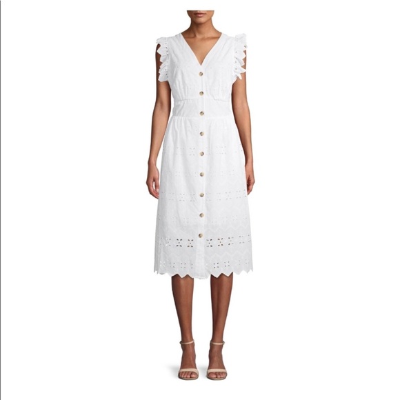 Time and Tru Dresses & Skirts - Time and Tru White V Neck Dress with Button Front Floral Eyelets, Pockets Size M